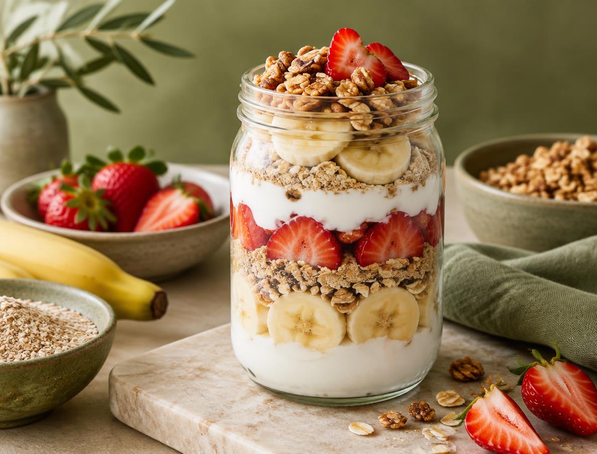 Opção 2 · Iogurte com whey, banana, morango, leite em pó, aveia e granola